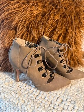 Restricted Taupe Lace-Up Pointed Toe Heel Booties